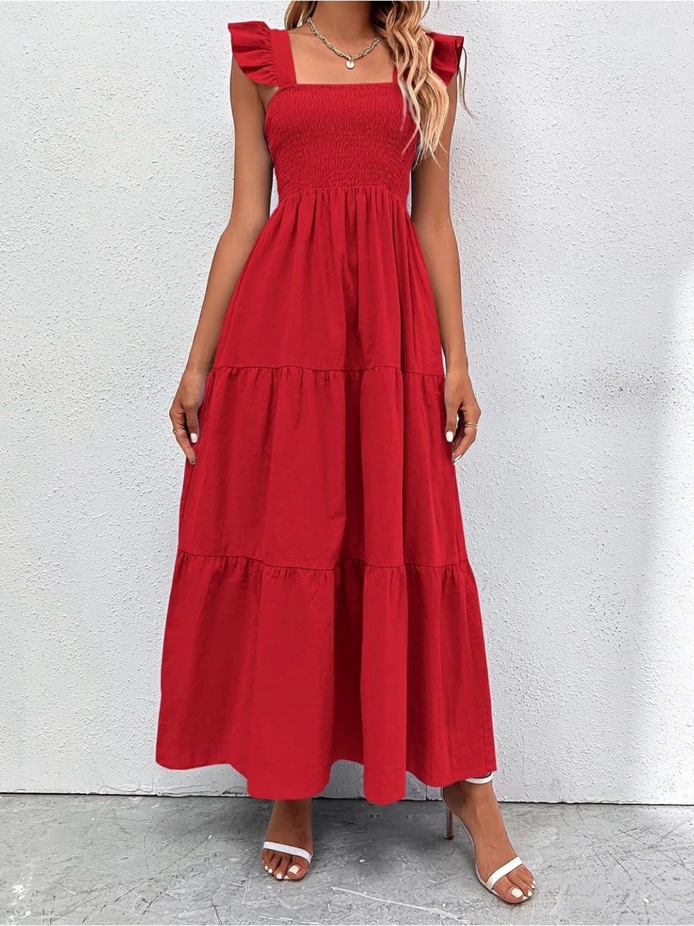Red Smocked Bodice Tiered Maxi Dress with Ruffle Straps